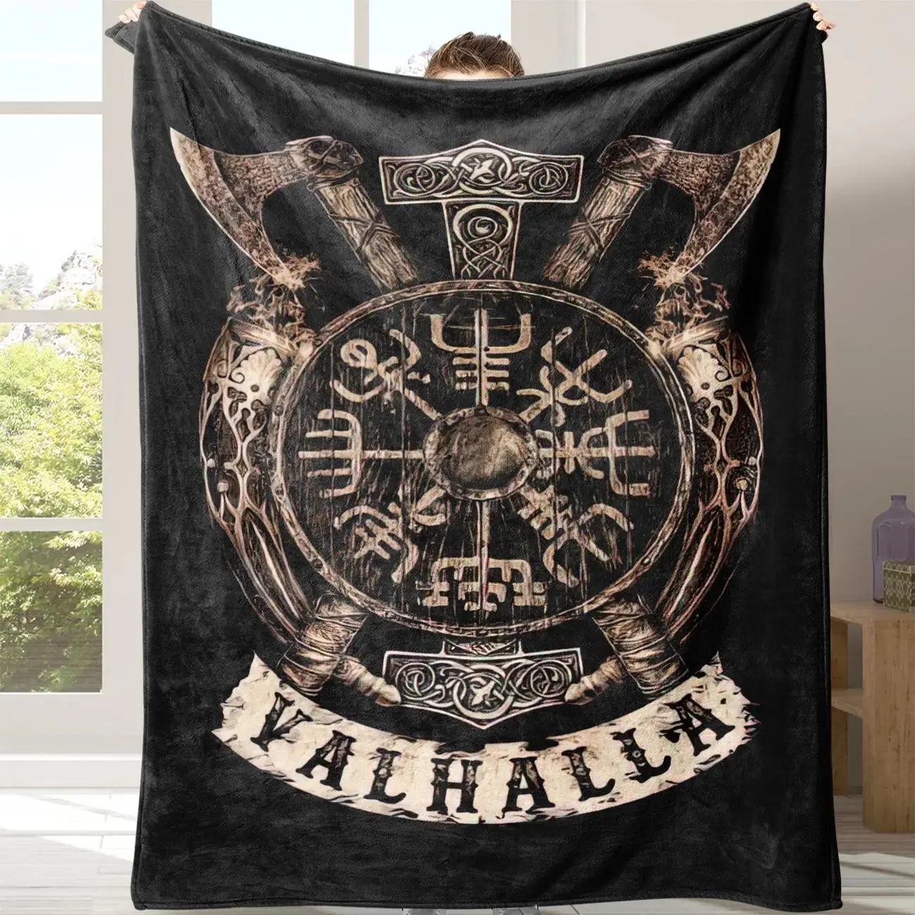 Viking Valhalla Pattern Blanket, Soft Warm Throw Blanket, Air-Conditioned Room Blanket, Air Conditioning Blanket, Warm Nap Blanket for Home, Office, Travel, Camping