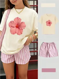 2-Piece Teen Girl Floral Print T-Shirt and Striped Shorts Set, Fitted, Summer Fashion, Casual Street Style, Artistic Atmosphere, Clothes