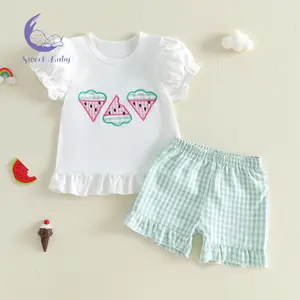 Toddler Girls Summer Outfit Puff Sleeve Watermelon Applique Embroidery T-Shirt Plaid Ruffle Shorts 2-Piece Set