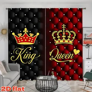 2D Flat 2Pcs King & Queen Crown Curtains, Black Red Tufted Style Window Drapes, Semi-Sunshade Privacy Panels for Home Living Room Bedroom Study Balcony Decoration, Romantic Couple Gift Dressing