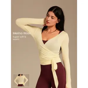 GLOWMODE Tencel Wool Flex Down Soft Warm Cozy Rerversible Tie-Waist Hip-Length Long Sleeve V-Neck Wrap Top Autumn Winter Yoga Pilates Studio Daily Casual Wear