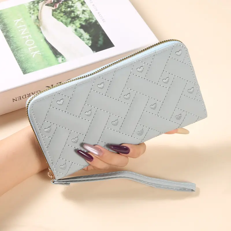 W18-Women Heart Embroidery Long Wallet Single Zipper Wristlet Clutch Purse Multi Card Slots Cash Coin Purse Ladies Fashion Handbag