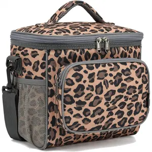 Insulated Reusable Lunch Bag Adult Large Lunch Box for Women and Men with Adjustable Shoulder Strap,Front Zipper Pocket and Dual Large Mesh Side Pockets,Leopard