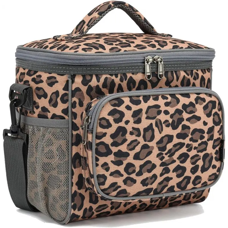 Insulated Reusable Adult Lunch Bag with PE Foam Insulation, Large Capacity, Detachable Adjustable Shoulder Strap, Front Zipper Pocket, 2 Large Mesh Side Pockets, Leopard Print Home Organizer for Working Out, Driving to School, Keeps Food Cold Over 9 Hours