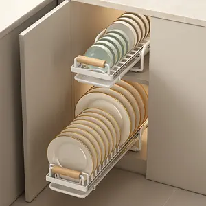 Double Layer Kitchen Cabinet Drawer Organizer Sliding Dish Drying Rack with Rails Storage Shelf for Dishes Bowls Utensils
