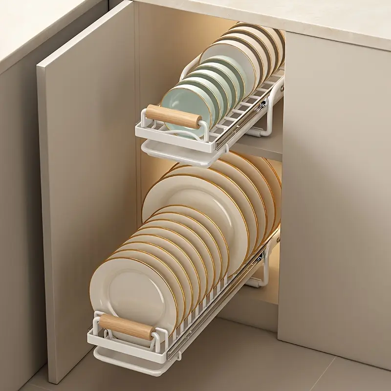 Double Layer Kitchen Cabinet Drawer Organizer Sliding Dish Drying Rack with Rails Storage Shelf for Dishes Bowls Utensils