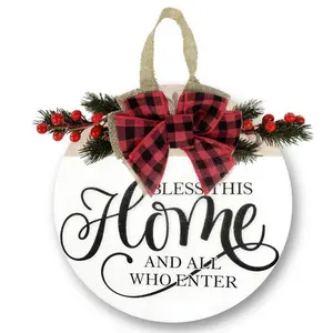12x12 Inch Large Buffalo Plaid Bow Welcome Sign| "Bless This Home And All Who Enter" Round Wood Decor for Front Door Porch| for Spring Summer Fall All Seasons Holiday Outdoor Decor