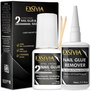 Exsivia Nail Glue & Remover Set - 10mL Extra Strong Glue & 50mL Gentle Odorless Debonder - Salon Quality for Acrylic Press On Nails - Waterproof Fast Bonding Formula - Flawless Daily