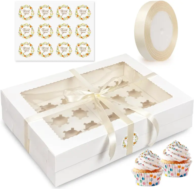 6-Pcs Disposable Cupcake Packaging Box Set - Transparent Windows, Ribbons, Stickers, Holds 24 Mini Cupcakes, Baking Essential for Birthdays, Bridal Shower, DIY Baking Projects, Polished Presentation, Festive Look