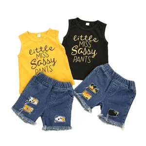 Little Boy’s Vest and Shorts Suit Fashion Letter Sleeveless Tops and Patchwork Ripped Denim Short Pants