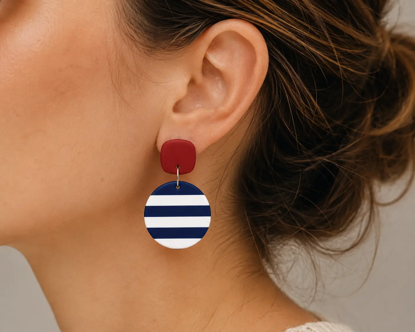 Nautical Stripe Polymer Clay Earrings, Navy Red Coastal Statement Jewelry