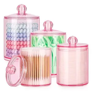 Tbestmax 12 oz & 10 oz Qtip Holder - 4 Pack Restroom Bathroom Organizers and Storage Containers, Pink Plastic Apothecary Jars with Lids for Cotton Swab, Cotton Round Pads, Floss