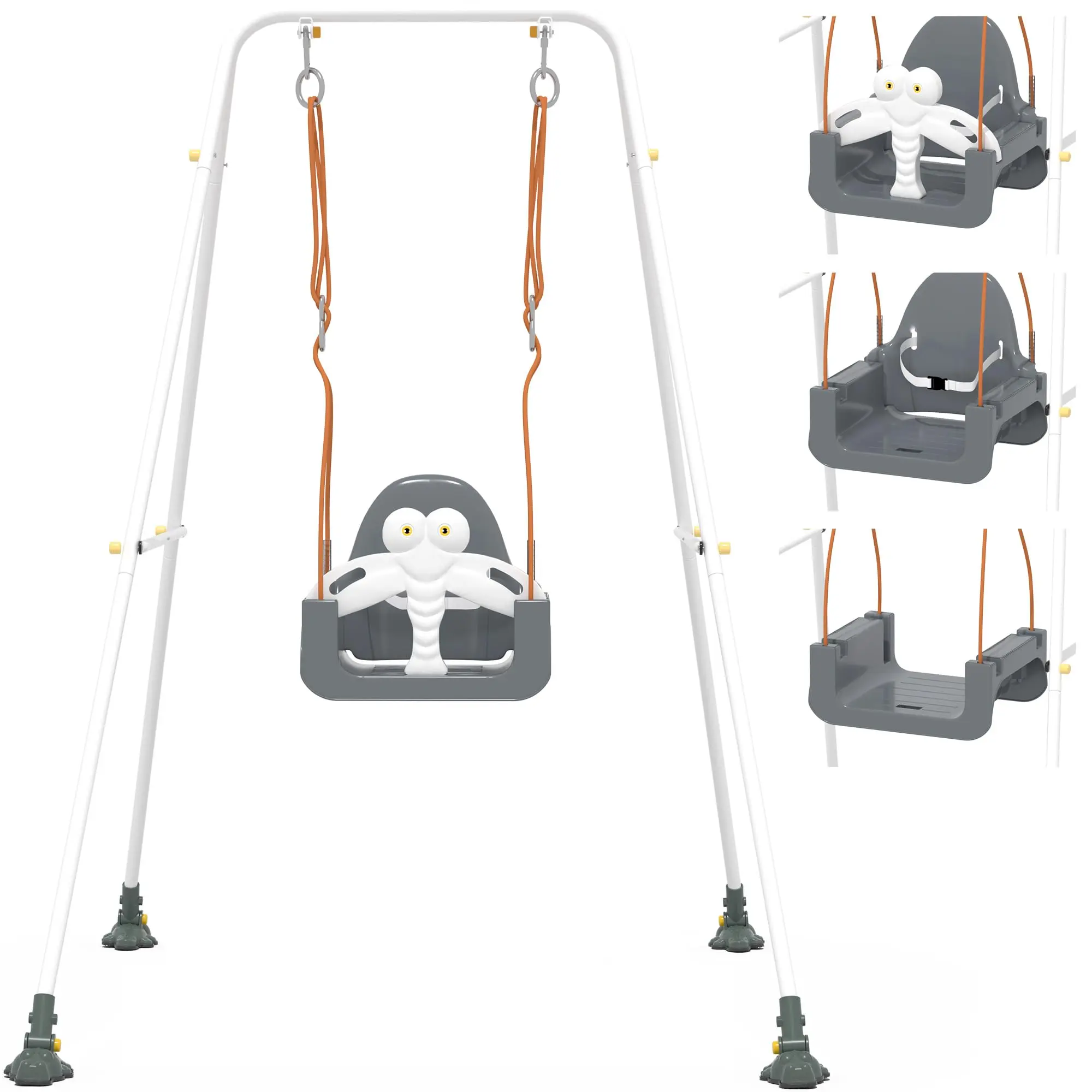 【New Upgraded】3-in-1 Toddler Swing Set, Baby Swing with Safety Belt, Indoor/Outdoor, Easy to Assemble Kids Swing Seat with Sturdy Metal Stand for Playground, Backyard and Nursery, Anti-Slip Crocodile Feet Cover,Gray White
