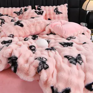 Super Soft Faux Rabbit Fur Bedding Set 3pcs – Fluffy Warm Zipper Duvet Cover + 2 Pillowcases, Luxury Solid/Butterfly Pattern Bedding for Bedroom & Dorm, Perfect Holiday Gift, Soft Bedding Sets