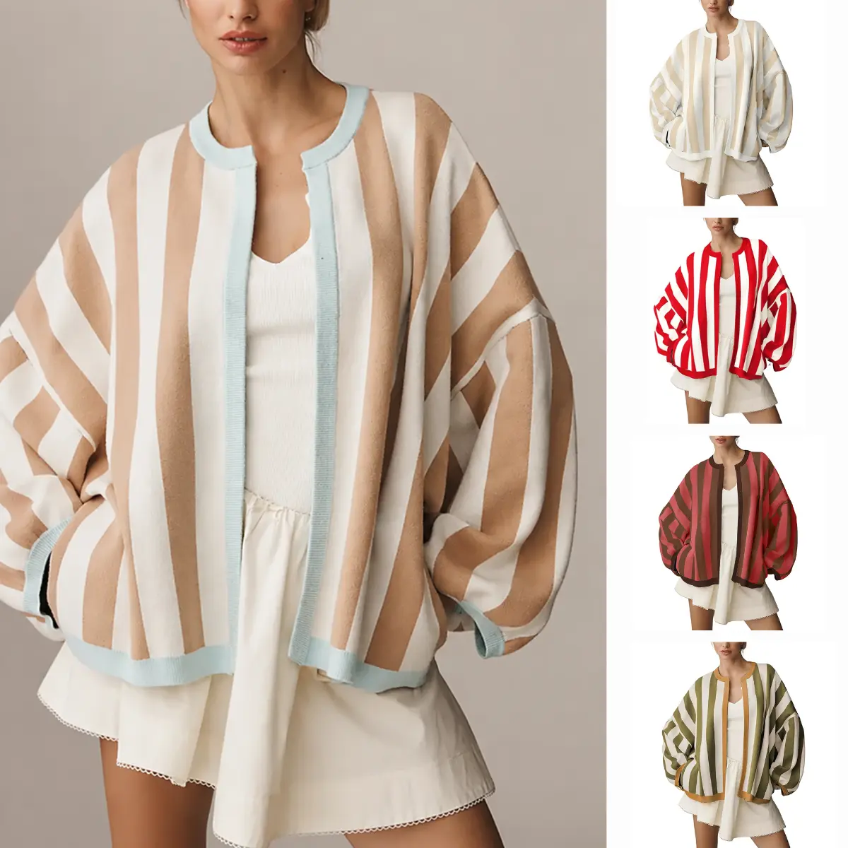 Yeokou Back to School Women's Striped Knit Cardigan, Casual Oversized Open Front Sweater, Long Balloon Sleeve, Baggy, Longsleeves, Loose, Knit Fabric