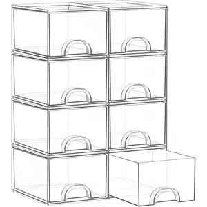 8 Pack Small Clear Stackable Acrylic Storage Boxes, Clear Plastic Storage Organizer Drawers Ideal for Art Tools, Makeup, Vanity, Cabinet and Desk Organization