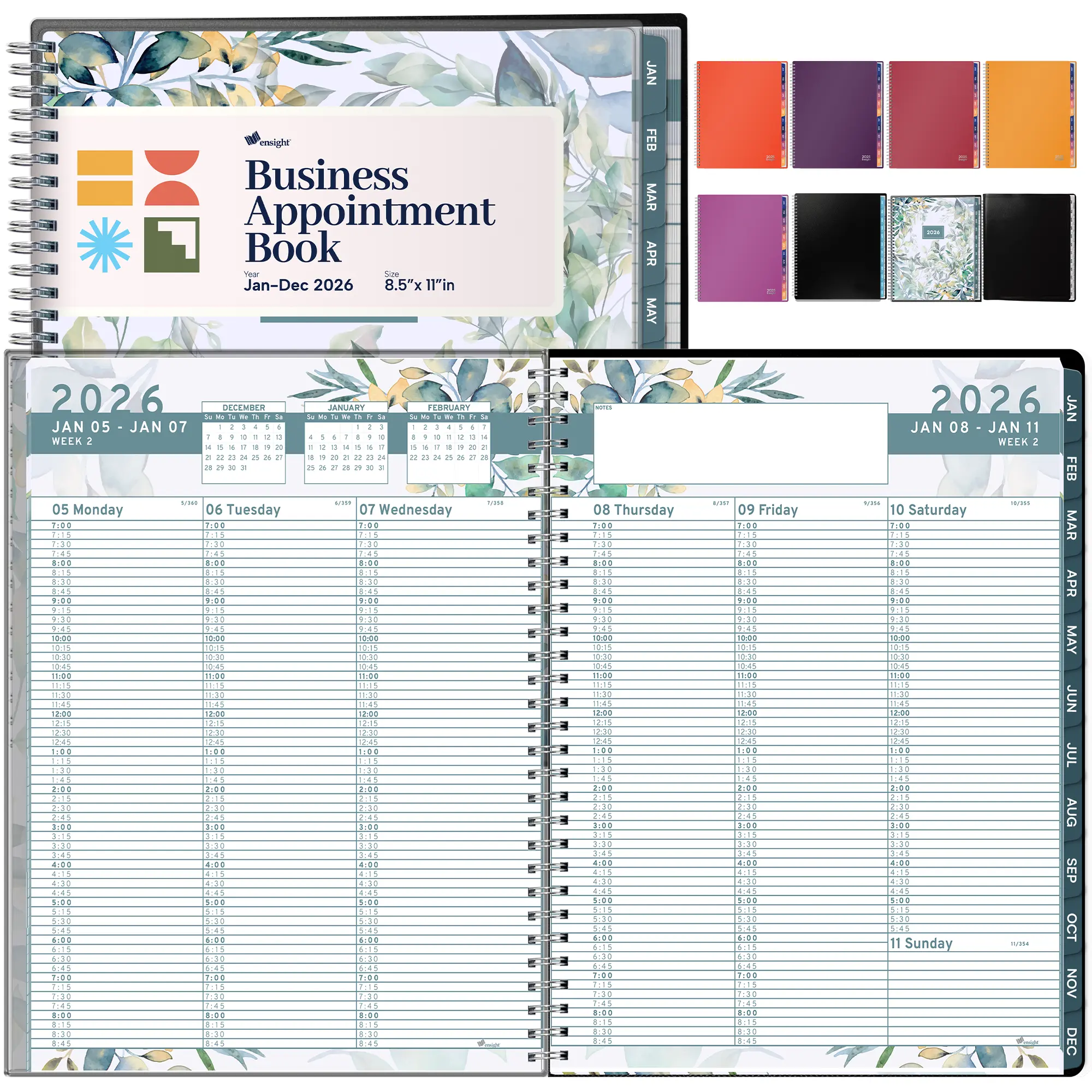 Appointment Book & Planner - Ensight 8.5x11 in, Large Tabbed Daily Hourly Weekly Planner, Schedule Book 15-Min Slots, Jan 2026 -  dec 2026 - Floral