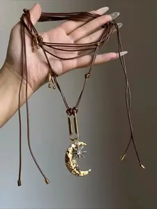 Bohemian Vintage Moon & Star Pendant Necklace for Women, Retro Hammered Crescent Charm Long PU Leather Adjustable Necklace, Y2K Ethnic Statement Jewelry, Festival Beach Vacation Party Outfit Accessories Gift