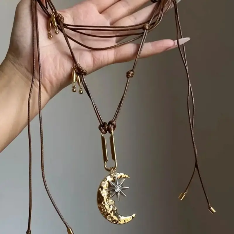 Bohemian Vintage Celestial Moon & Star Pendant Necklace for Women, Retro Hammered Design Crescent Charm Long PU Leather Adjustable, Y2K Ethnic Statement Jewelry, Boho Style Necklace, Festival Beach Vacation Party Outfit Accessories Gift