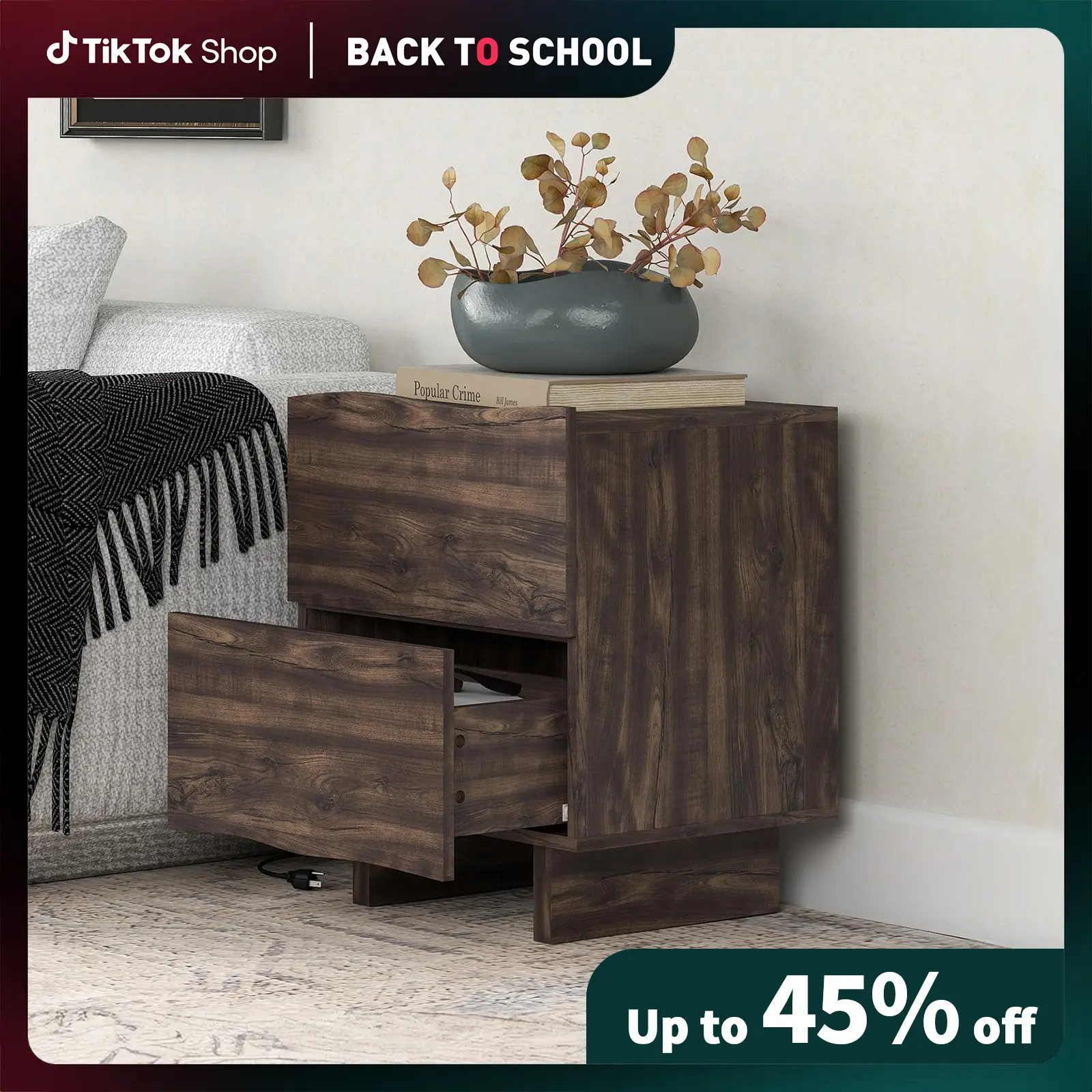 [Back to School] EBELLO  Japanese Style Bedside Table, Full Solid Wood Bedside Cabinet, Large Capacity Storage Cabinet