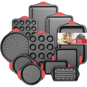 11-Piece Nonstick Stackable Baking Pans Set Toxin-Free Bakeware with Silicone Handles Includes Cookie Sheets Loaf Pan Pizza Pan Muffin Pan Red&Black