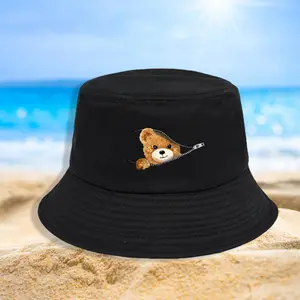 Women Men Bucket Hats Fashion Bear Print Sun Caps Outdoor Fisherman Hats for Travel, Beach, Hiking straw hat scandinavian summer hat
