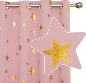 Deconovo Gold Star Foil Print 2 Panels Blackout Curtains - Thermal Insulated Room Darkening Grommet Curtains for Living Room, Bedroom