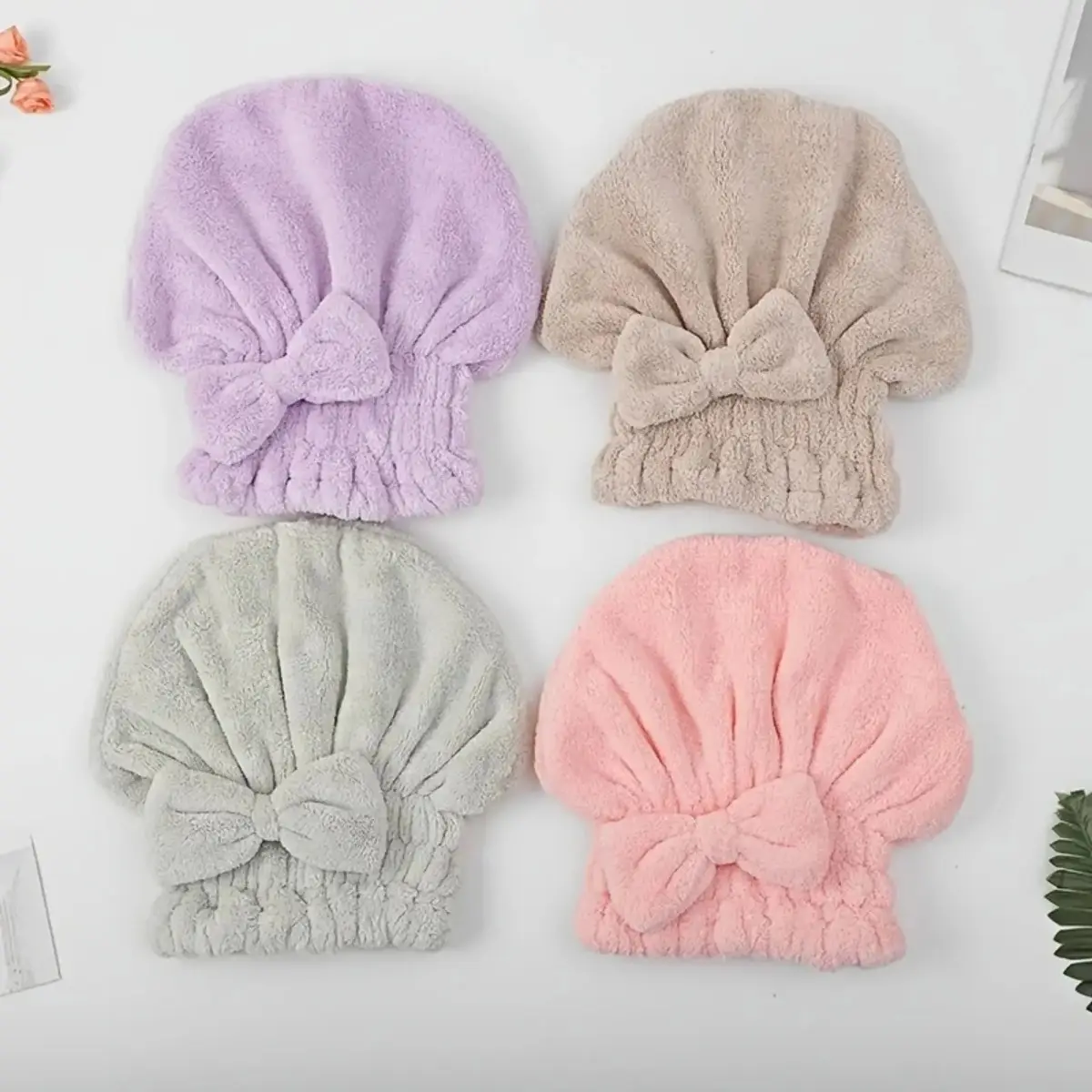 2 Pack Hair Drying Cap for Women, Soft Absorbent Towel Wrap with Cute Bow Design, Reusable Quick Dry Hair Accessories for Bathroom, Travel, Self Care and Daily Hair Care