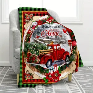 Cozy Country Roads Take Me Home Red Truck Flannel Blanket - Soft, Warm Polyester with Festive Holiday Design, Machine Washable, All-Season Comfort, Ideal for Couch, Bed & Travel, Cute Blanket-280GSM