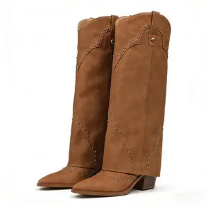 Women's Studded Western Cowboy Pull-On Boots Fold Over Knee High Boots Pointed Toe Chunky Stacked Chunky Heel Cowgirl Pull-On Mid Calf Brown Black Boots