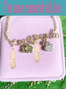 Non-Natural Crystal Handmade 2-Name Necklace with Middle Heart, Copper Chain, Birthday & Anniversary Gift Jewelry