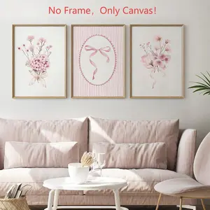 3 Pieces Pink Modern Bouquet Art Poster Pink Bow Canvas Painting Floral Plant Wall Print Home Decor Products Girls Bedroom Apartment Hanging Picture No Frame Set