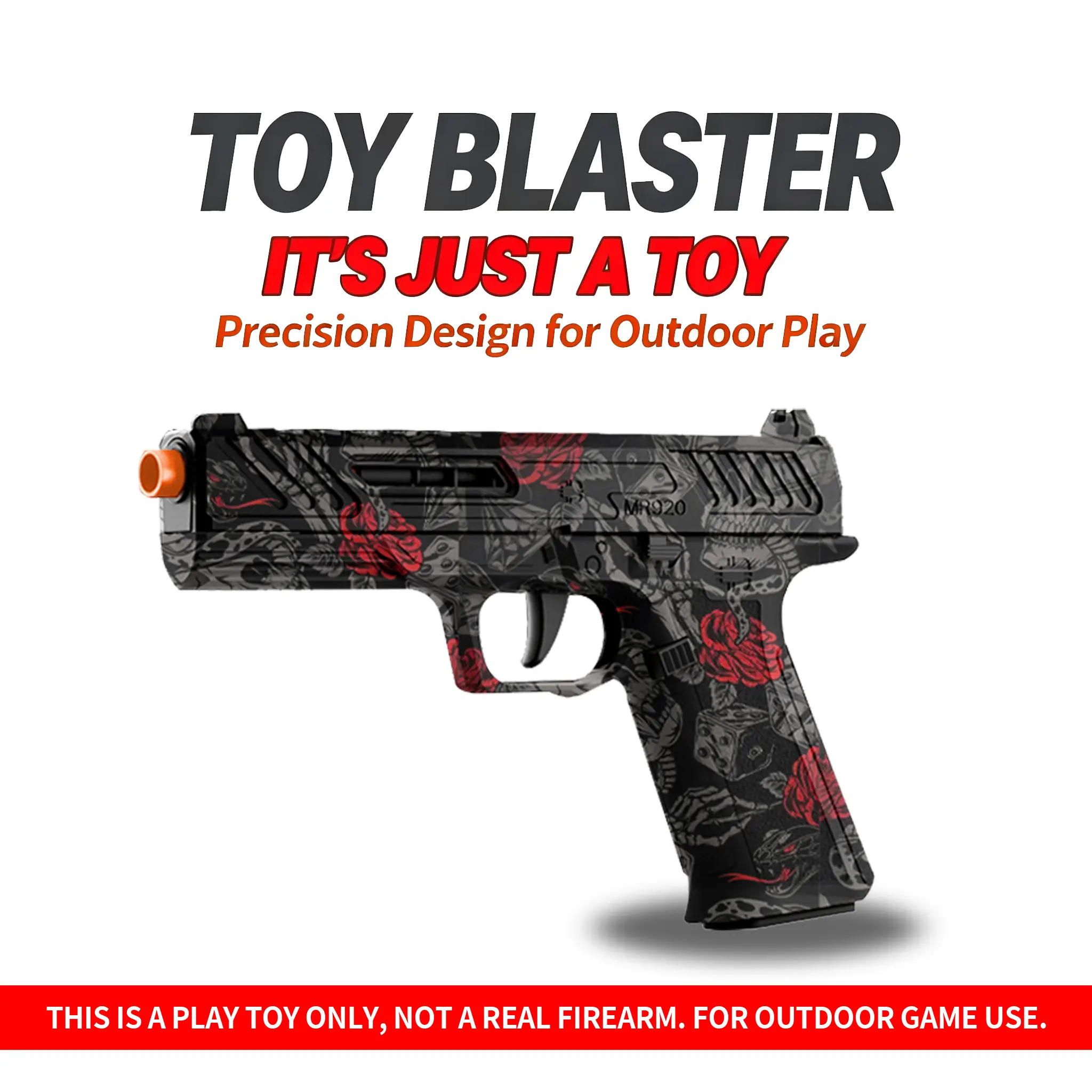 A soft-tip dart gun featuring a skull-and-rose design, with a shell ejection feature, a sliding bolt lock, and a safety-colored orange muzzle—a great gift for teens ages 14 and up to enjoy in the backyard.