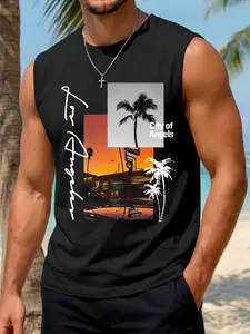 Los Angeles “City of Angels” American vintage palm tree print sleeveless summer lightweight tank top | California street style, loose fit; American vintage + street trend; suitable for commuting, everyday wear, vacations/beach trips, sports & fitness, tre