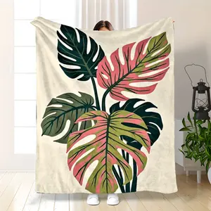 1Pc Large 280GSM Flannel Blanket Suitable For Sofa Bed Car & Outdoor - Soft Pink Green Yellow Botanical Tropical Leaf Throw, All-Season Cozy Bed Warmer, Machine Washable Bedspread For Bed, Couch,, Durable Bedding For
