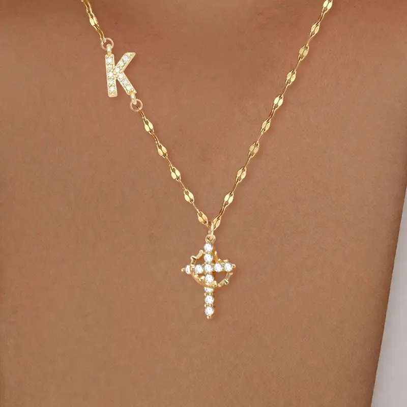 Women's Zircon Cross Initial Pendant Necklace, Elegant Stainless Steel Chain, Casual Style, All Seasons Jewelry