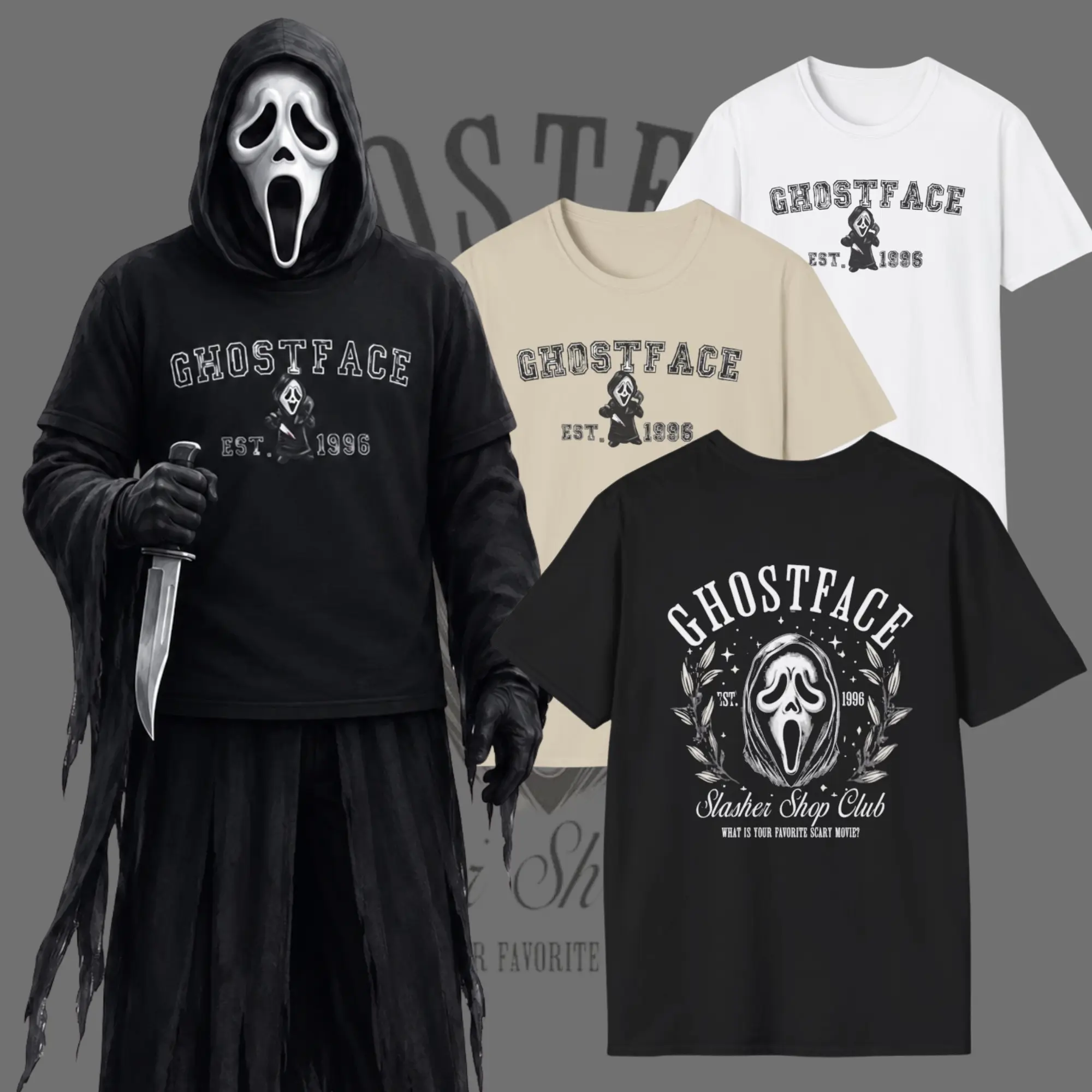 Ghostface Halloween Mascot Knit T-Shirt - Unisex Ribbed Round Neck Sleeve Cotton, Vintage Horror Character EST 1996, Casual Smooth Menswear Tee
