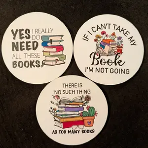 White Wooden Bookish Drink Coaster - Decorative Tableware with Book Themed Design Aesthetic