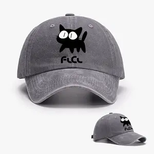 FLCL Black Cat Vintage Washed Dad Hat | Grey Anime Cartoon Baseball Cap | Adjustable Cute Kitten Dad Hat | Perfect Gift for Anime Lovers & FLCL Fans