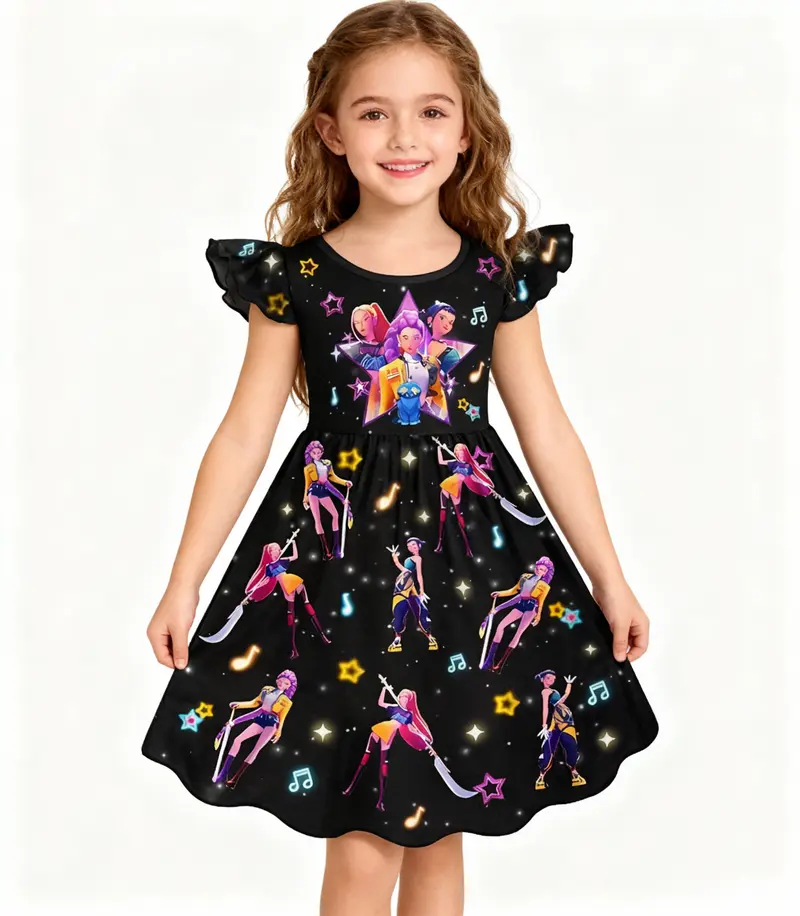 Kids K-Pop Demon Hunter Huntrix Girl Dress, Rumi/Mira/Zoey Character Design Black Cute Girls Dress, Cartoon Casual Cosplay Dresses for 3-14 Years