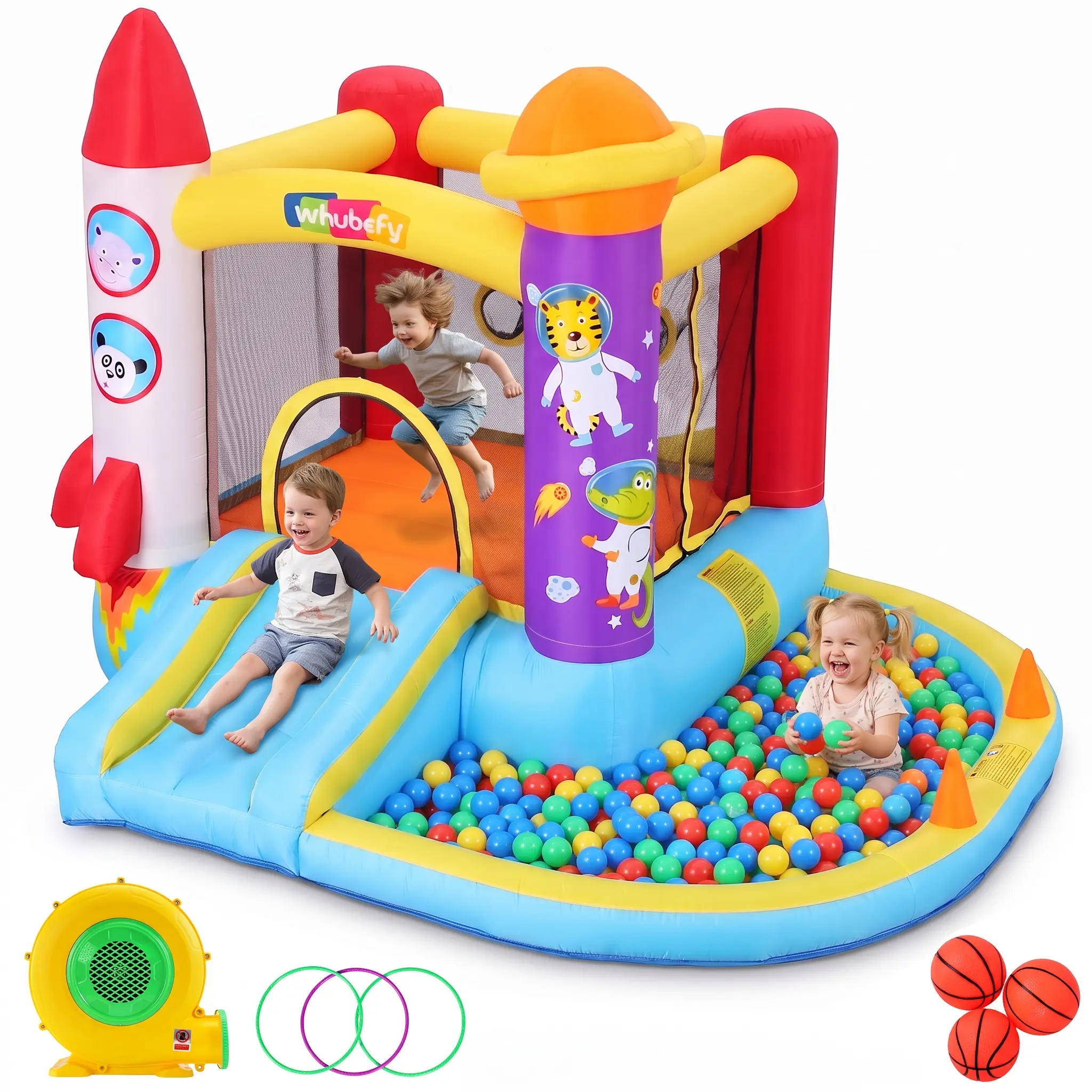 Whubefy Space Rocket Themed Inflatable Bounce House with 370W Blower, Durable Kids Bouncy Castle with Slide, Ball Pit & Ring Toss Game, Safe Indoor & Outdoor Play for Toddlers, Perfect Birthday, Holiday Gift for Boys & Girls, Summervibes