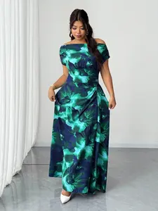 Women's Plus Size off Shoulder Long Dress, Ruched Waist Abstract Watercolor Print A-Line Gown, Elegant Chic Wedding Party Evening Wear, Formal Dresses Women