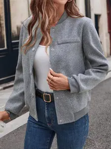 Women's Solid Button Front Jacket, Casual Long Sleeve Mock Neck Outerwear for Fall & Winter, Ladies Clothes for Daily Wear