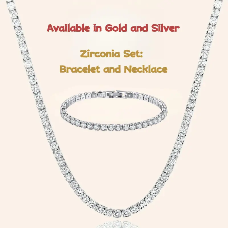 [Set]14K Gold Plated Tennis Necklace & Bracelet Set for Women, 4mm CZ Diamond Chain Jewelry Set, Sparkling Dainty Matching Set, 15" & 18" Necklace, 6.5" 7" 7.5" Bracelet, Secure Clasp Accessory Set