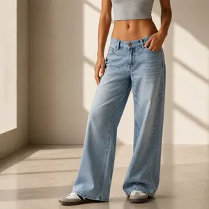 Asymmetric Low Rise Zipper Pockets Baggy Wide Leg Washed Casual Jeans