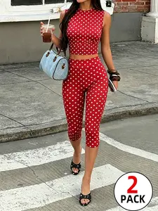 2 Pack Polka Dot 2 Piece Outfit for Women, TikTok Viral Y2K Sleeveless Crop Tank Top & High Waist Capri Leggings Set, Multi-Color Retro Aesthetic Slim Fit Tracksuit for Summer Streetwear, Brunch & Vacation Outfits