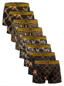 8pcs black gold chain printed men's underwear, Stretchy Boxer Briefs set, light and thin, comfortable, breathable, elastic waistband, fast drying sports underwear, suitable for four seasons home leisure