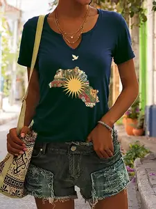 Women's Summer V Neck T-Shirt, Kurdistan Map & Sun Dove Print, Casual Cultural Heritage Top, Soft Lightweight, Patriotic Gift, Breathable Fashion Piece