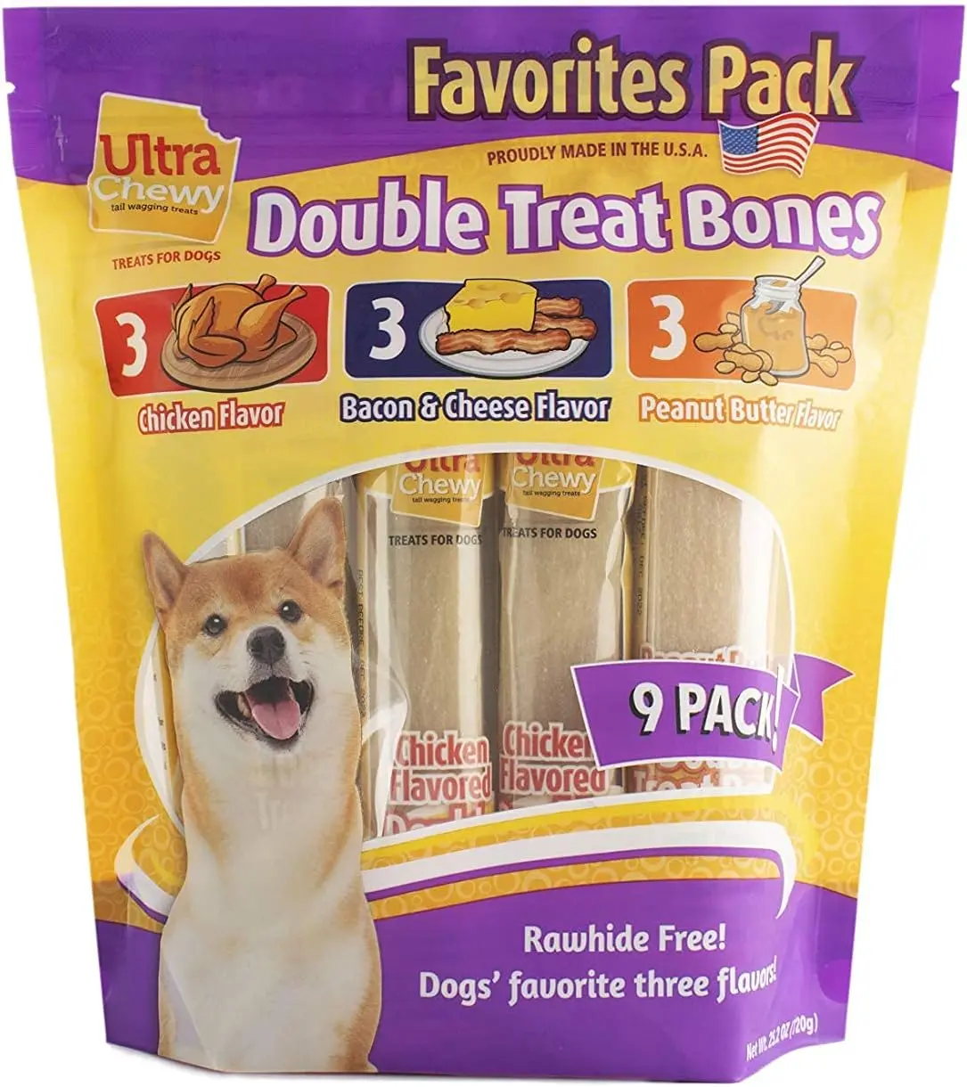Ultra Chewy Double Treat Bones Dog Treats, Assorted Flavors, 1 Pack | 9 Bones Per Pack, Made in The USA, Healthy Treats, Easy to Digest, Promotes Dental Health