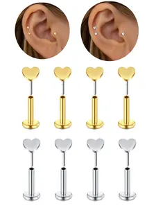 20Gauge Heart Threadless Flat Back Cartilage Earring Stud Hypoallergenic Stainless Steel Push Pin Helix Tragus Earring Nose Stud Lip Piercing Jewelry for Women 8mm